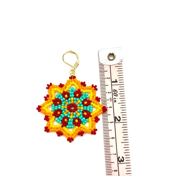 Hand Crafted Colorful Beaded Flower Chunky Earrings Turquoise and Yellow - Picture 3 of 6